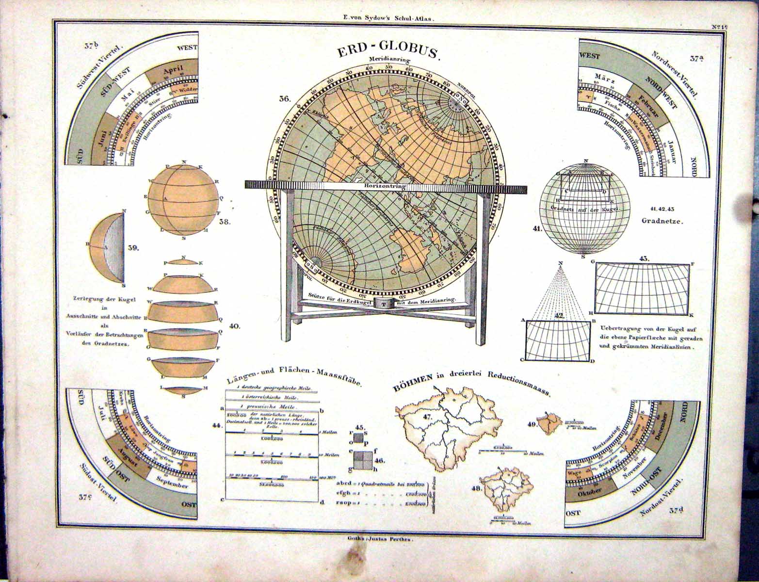 Old Emil Von Sydow?S Schul-Atlas 1870 Erd-Globus Bohem Planet Earth 0 Victorian
