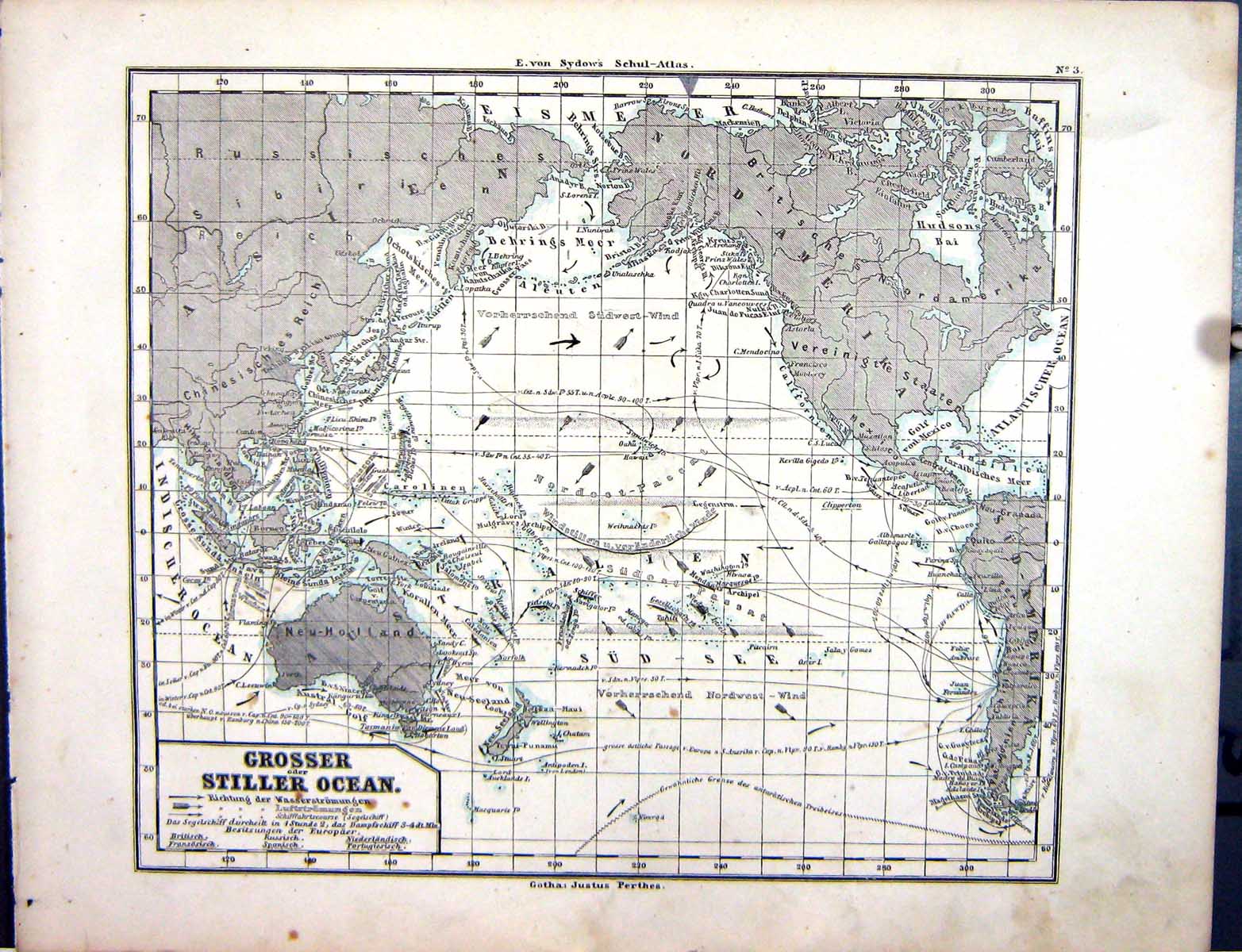 Old Emil Von Sydow?S Schul-Atlas 1870 Map Grosse Stiller Ocean Austra Victorian