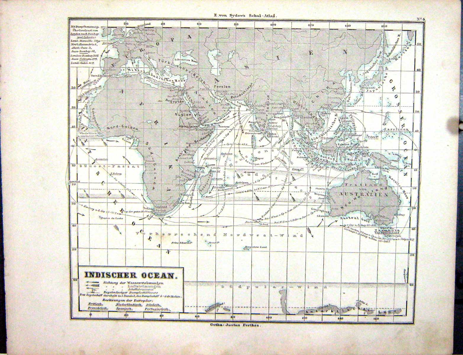 Old Emil Von Sydow?S Schul-Atlas 1870 Map Indischer Ocean Australia A Victorian