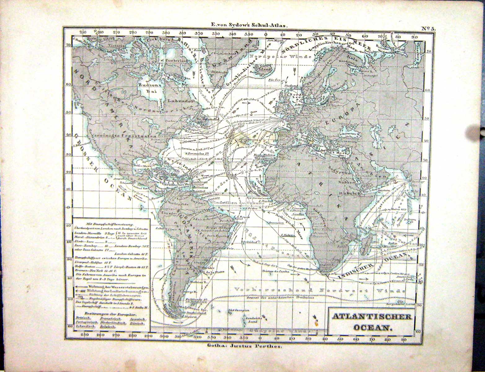Old Emil Von Sydow?S Schul-Atlas 1870 Map Atlantic Ocean Africa Ameri Victorian