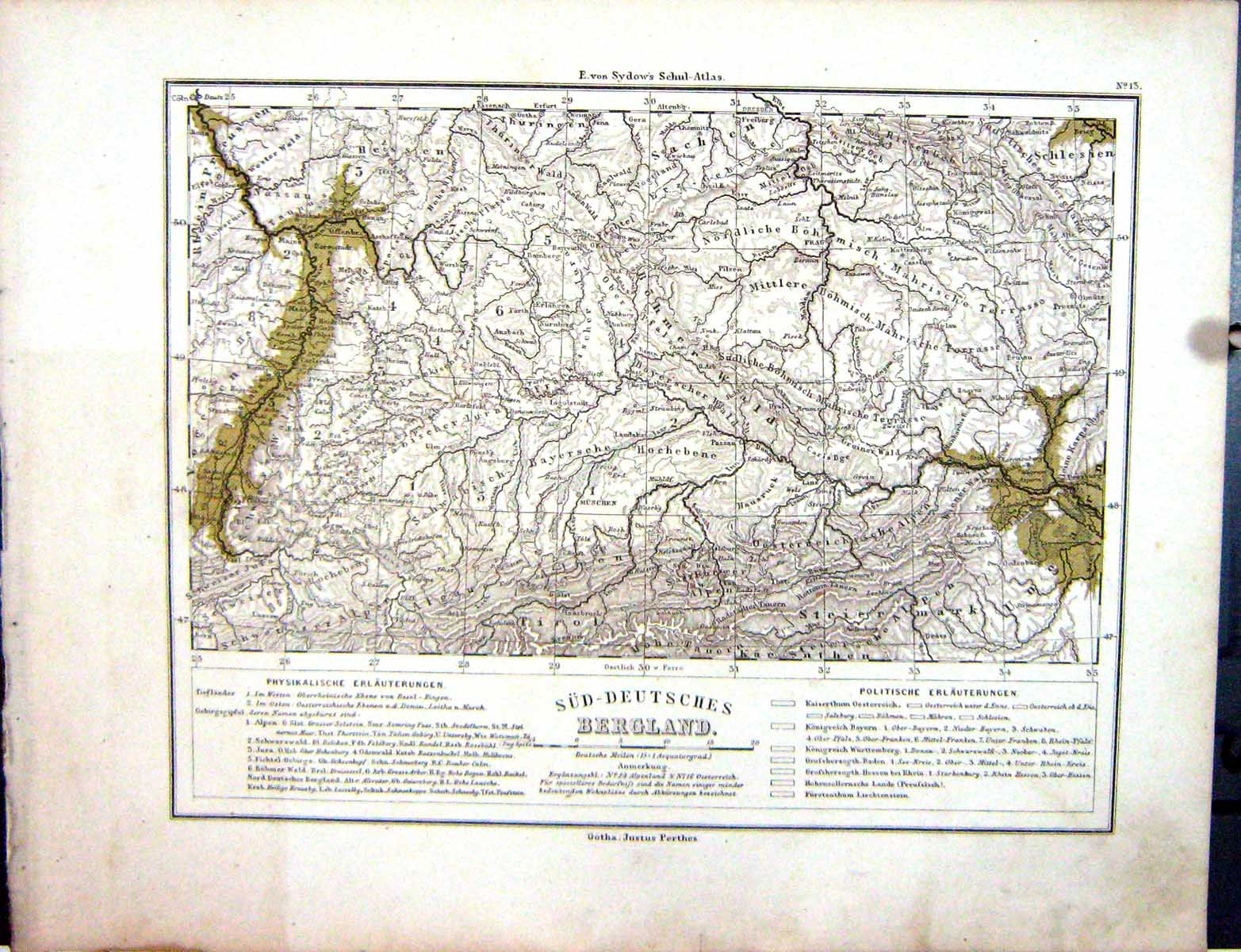 Old Emil Von Sydow?S Schul-Atlas 1870 Map Bergland Sud-Deutsches Mitt Victorian
