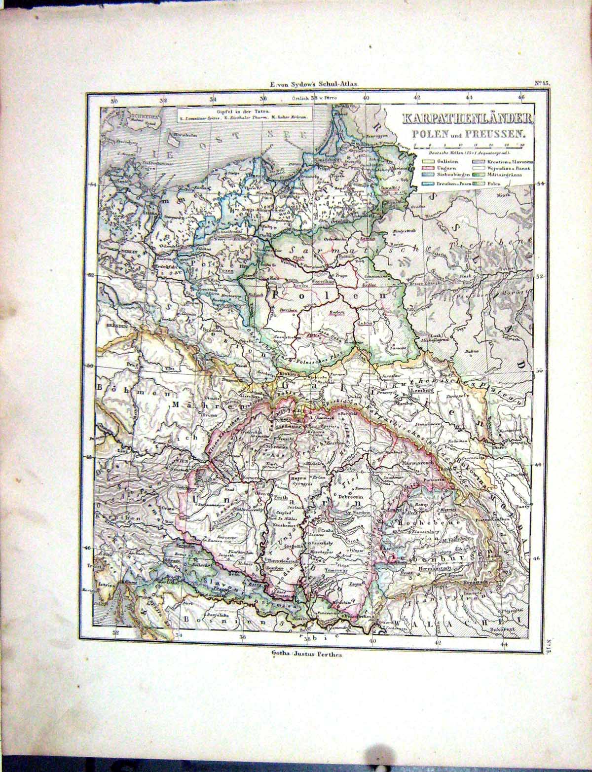 Old Emil Von Sydow?S Schul-Atlas 1870 Map Polen Preussen Karpathenlan Victorian