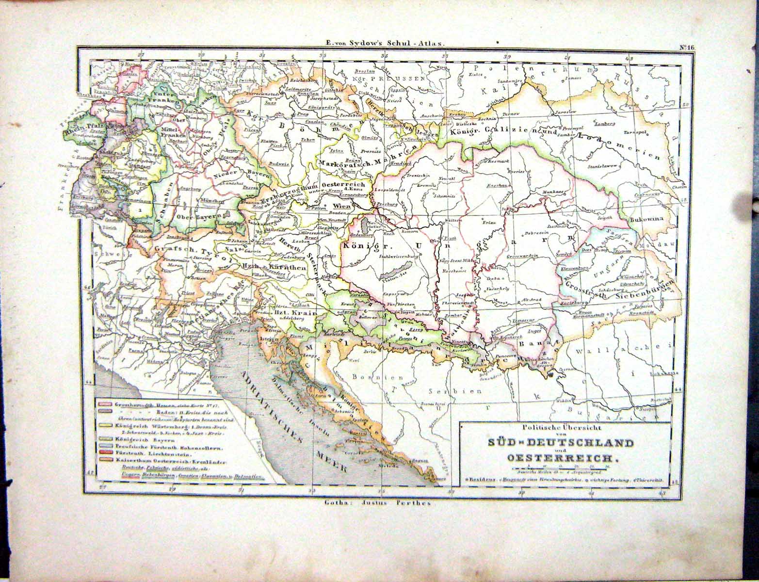 Old Emil Von Sydow?S Schul-Atlas 1870 Map Sud-Deutschland Oesterreich Victorian