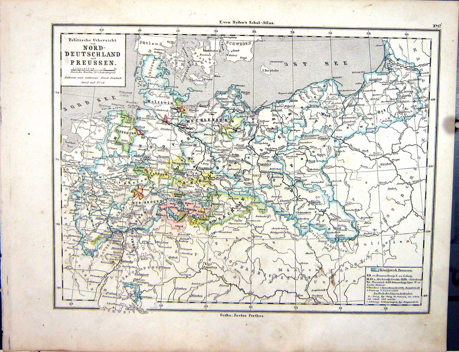 Old Emil Von Sydow?S Schul-Atlas 1870 Map Nord-Deutschland Preussen L Victorian