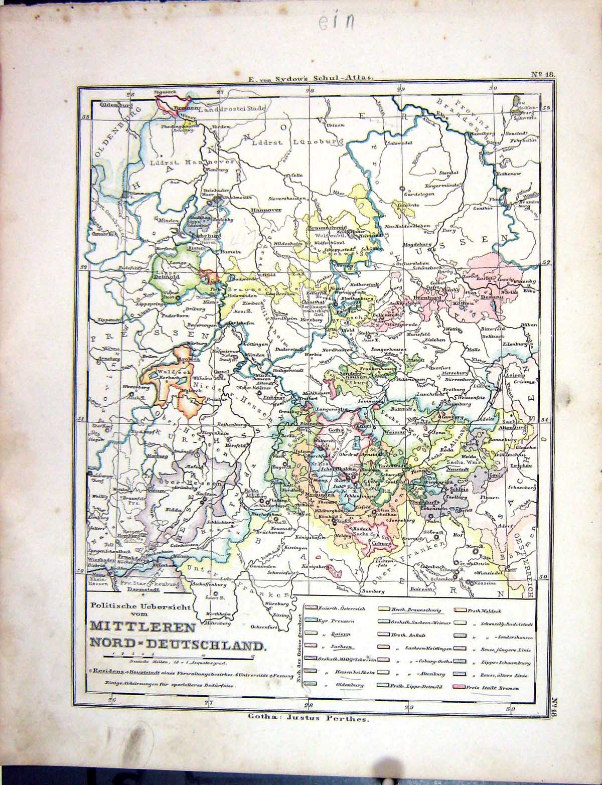 Old Emil Von Sydow?S Schul-Atlas 1870 Map Mittleren Nord-Deutschland Victorian