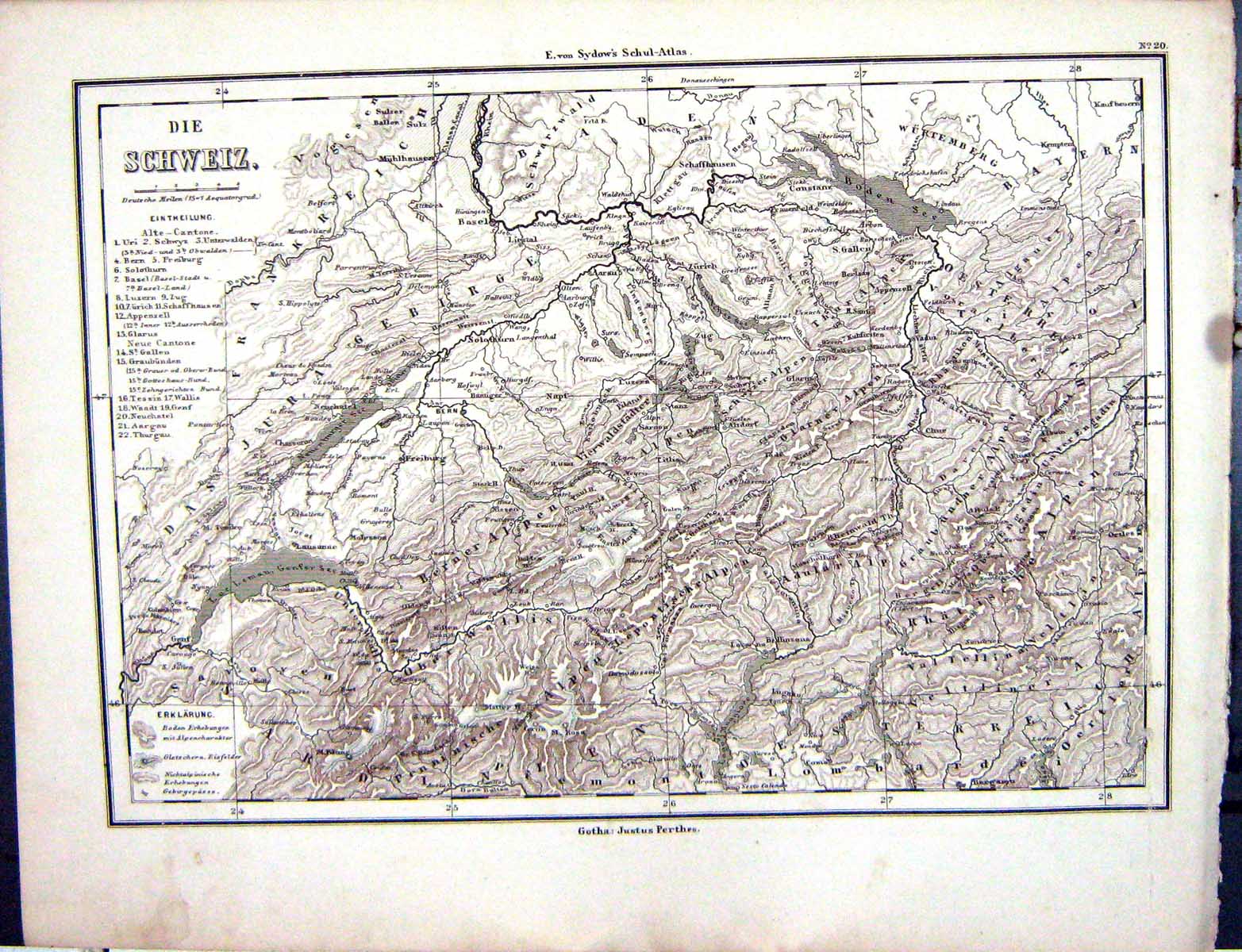 Old Emil Von Sydow?S Schul-Atlas 1870 Map Die Schweiz Switzerland Ber Victorian