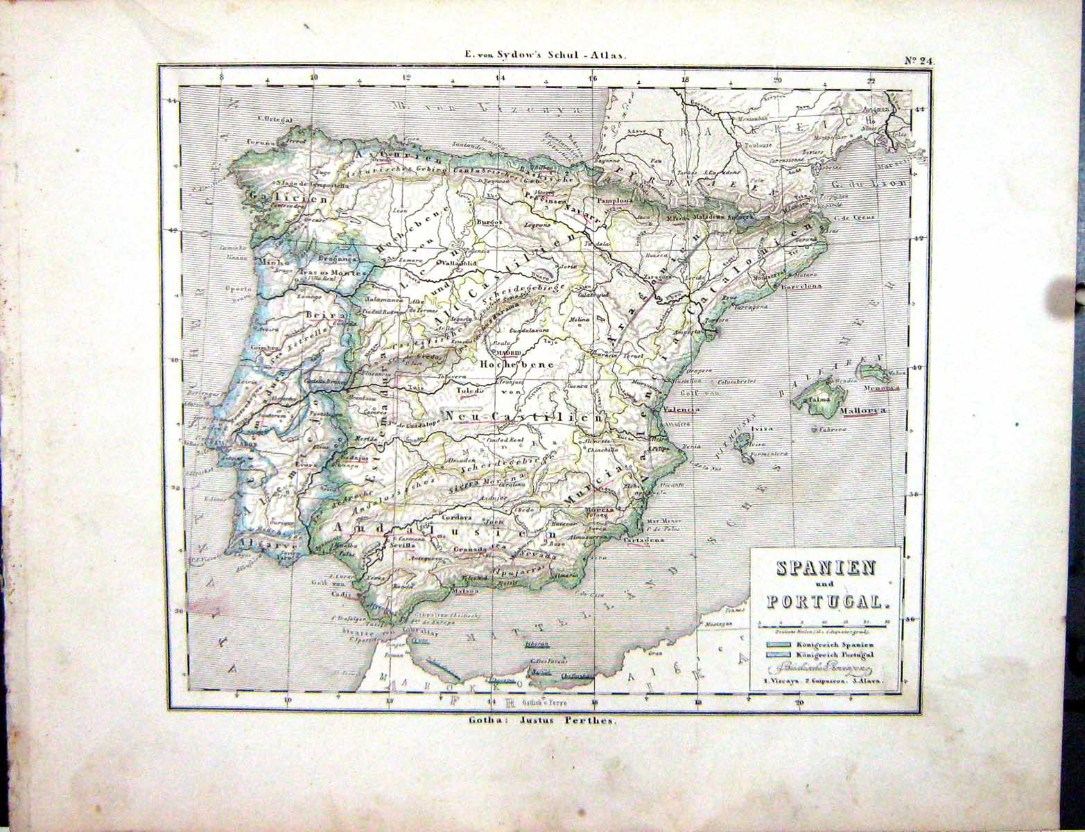 Old Emil Von Sydow?S Schul-Atlas 1870 Map Spain Portugal Spanien Gibr Victorian