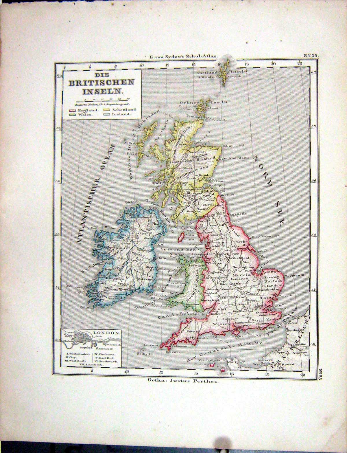 Old Emil Von Sydow?S Schul-Atlas 1870 Map Britain Britischen Inseln I Victorian