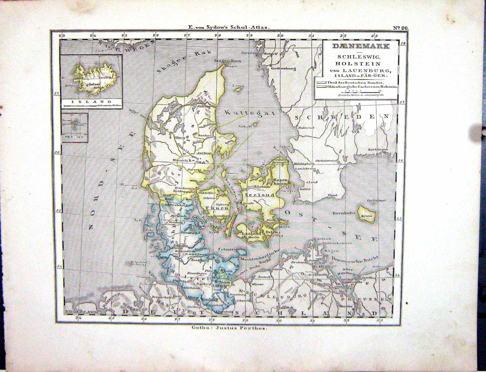 Old Emil Von Sydow?S Schul-Atlas 1870 Map Denmark Daenemark Iceland I Victorian