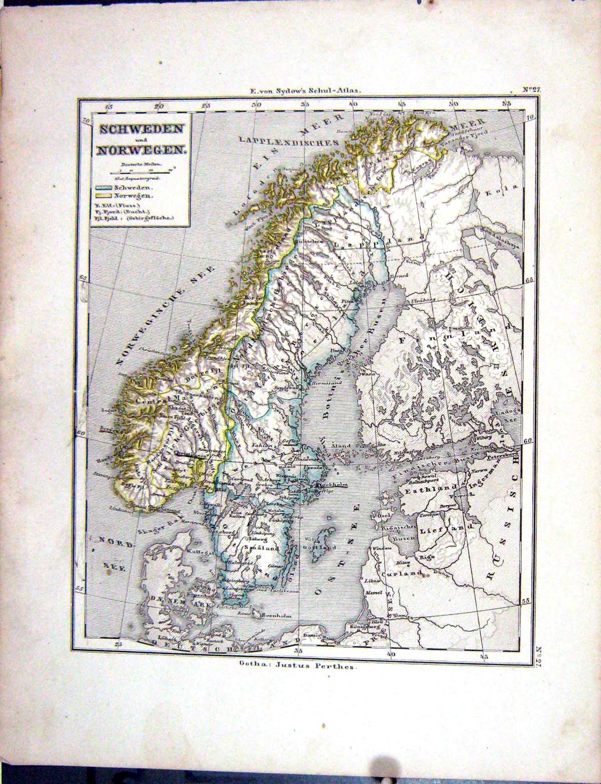 Old Emil Von Sydow?S Schul-Atlas 1870 Map Schweden Norwegen Sweden No Victorian