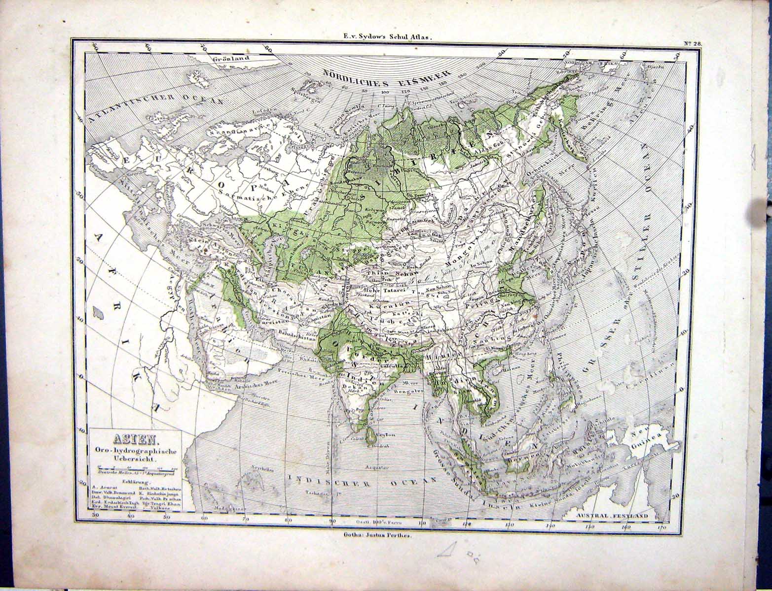 Old Emil Von Sydow?S Schul-Atlas 1870 Map Asien Asia India China Japa Victorian