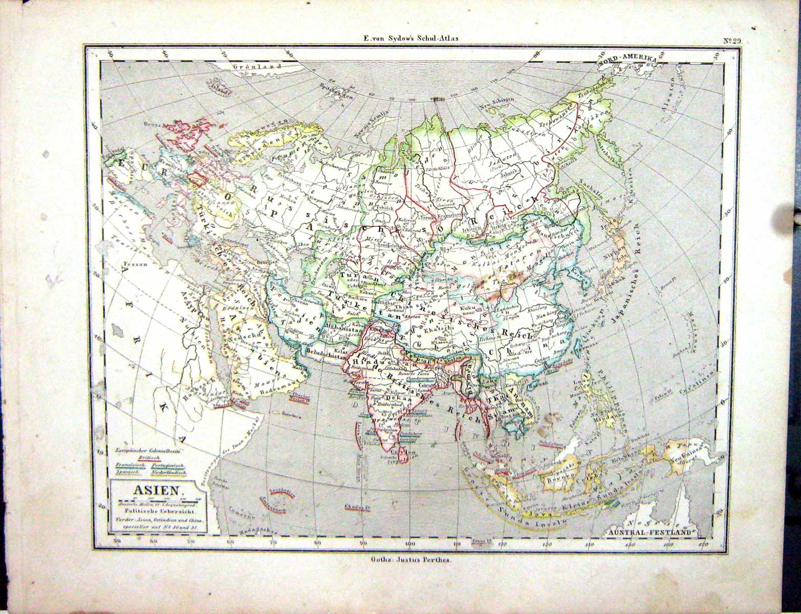 Old Emil Von Sydow?S Schul-Atlas 1870 Map Asien Asia China India Born Victorian