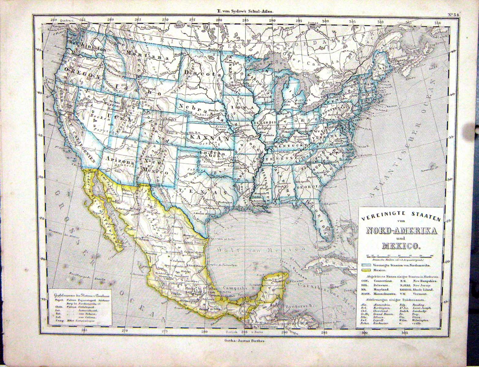 Old Emil Von Sydow?S Schul-Atlas 1870 Map Nord-Amerika America Texas Victorian