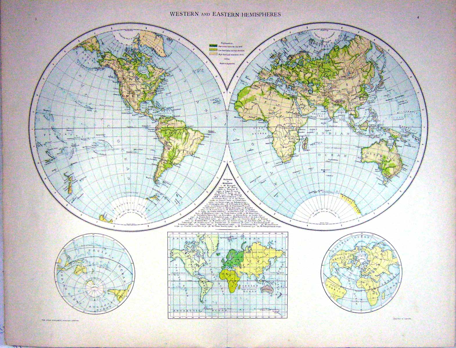 Antique Print Map C1893 Western Eastern Hemisphere America Australia Africa