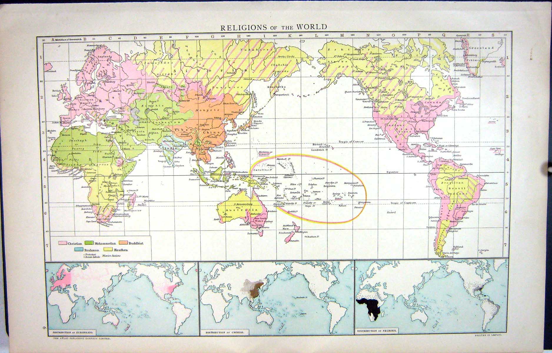 Antique Print Map C1893 Religions World Christian Buddhist Brahman Chinese 19th