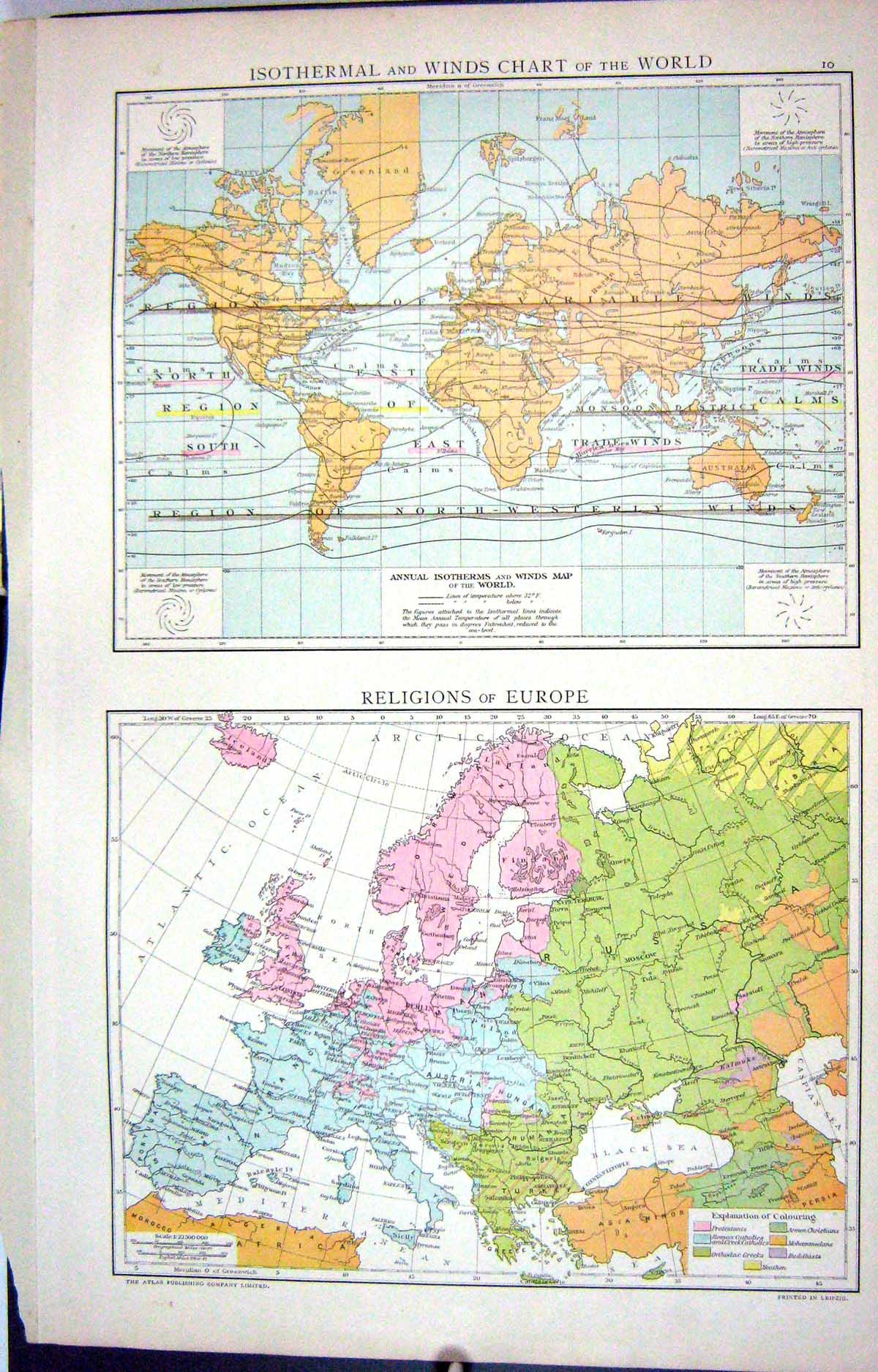 Old Antique Print Map C1893 Isothermal Winds Chart World Religions Europe 19th
