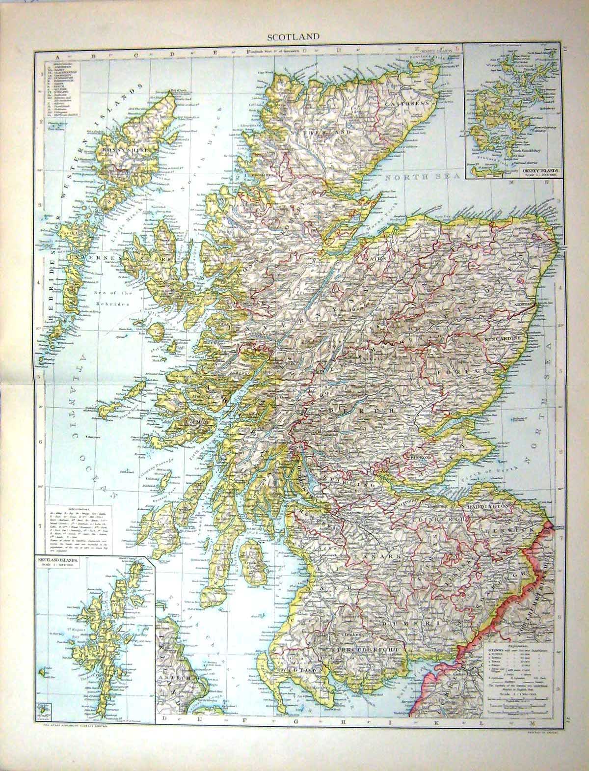Old Print Map C1893 Scotland Orkney Caithness Skye Edinburgh Firth Forth 19th