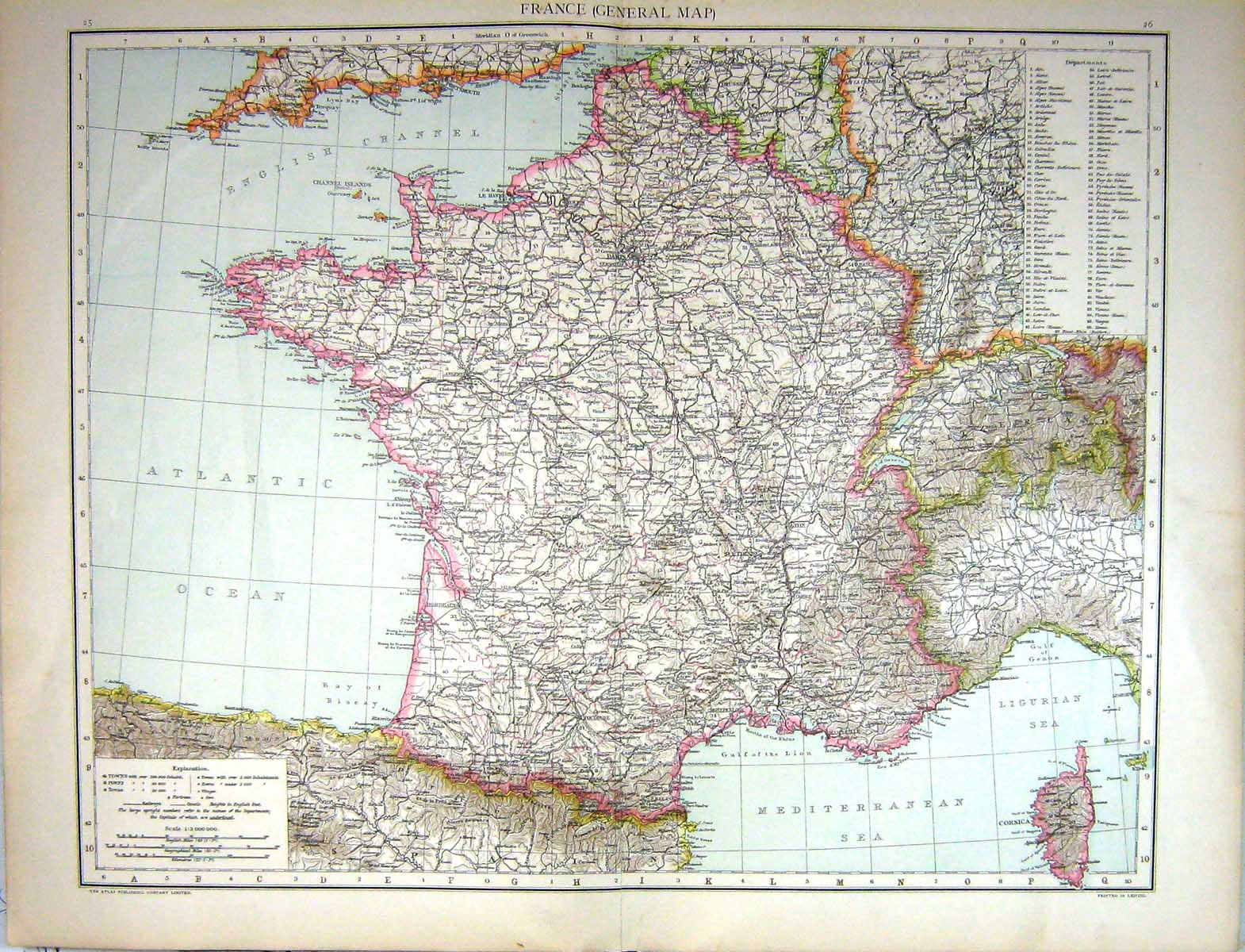 Antique Old Print Map C1893 France Corsica Marseille Channel Islands Bordeaux