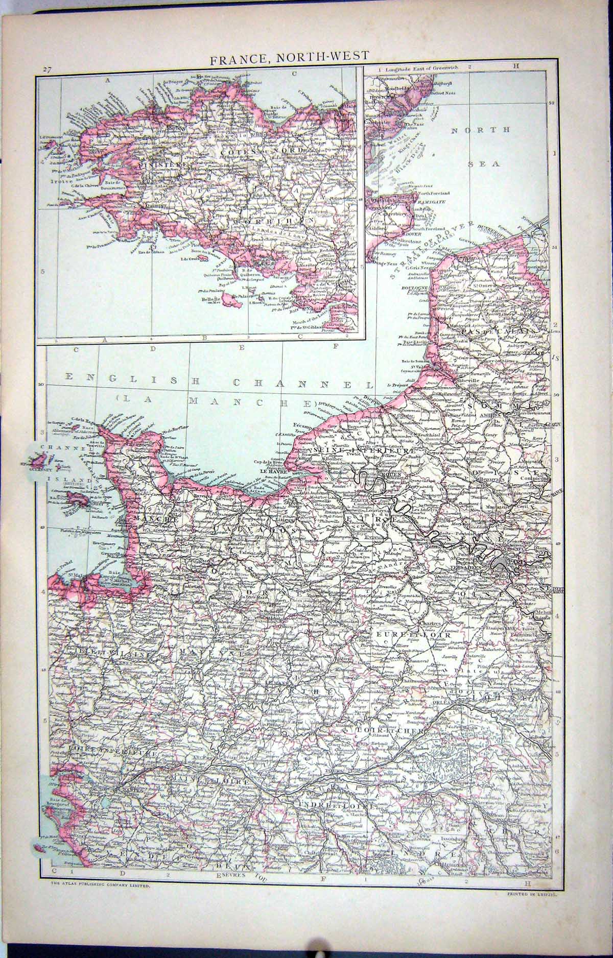 Antique Print Map C1893 North-West France Channel Islands Havre Loire Groix