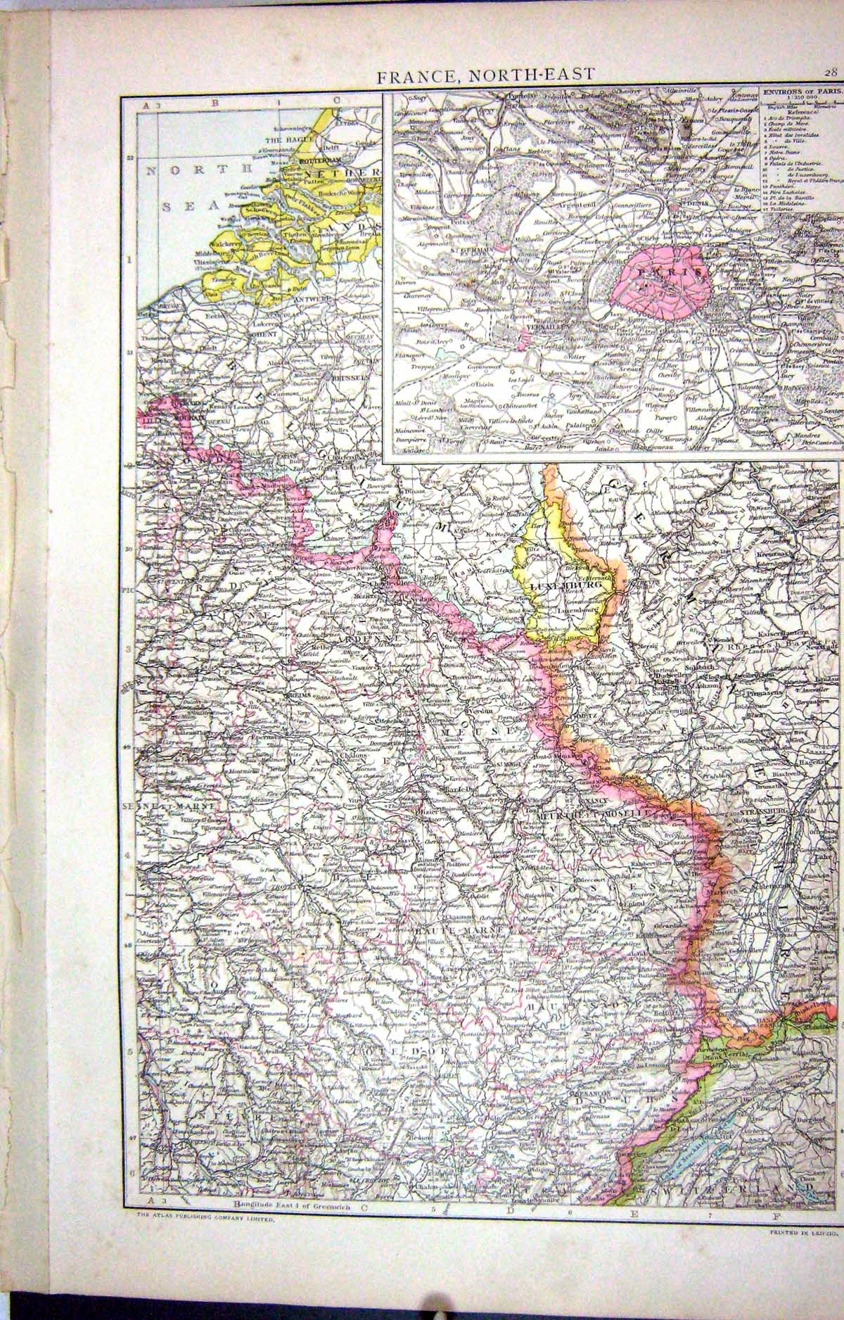 Old Antique Print Map C1893 North-West France Paris Plan Luxemburg Nancy 19th