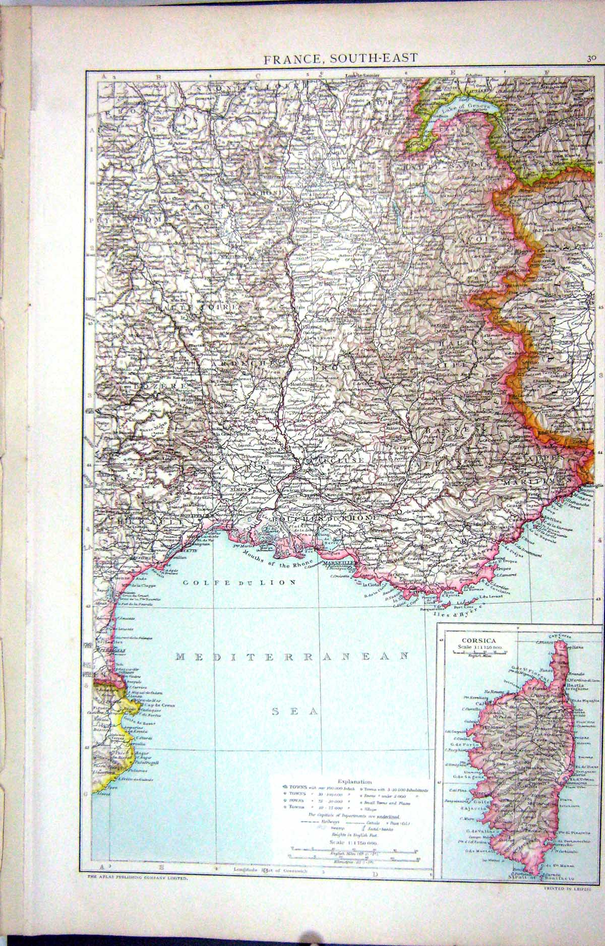 Antique Print Map C1893 South-East France Corsica Marseilles Antibes Loire 19th