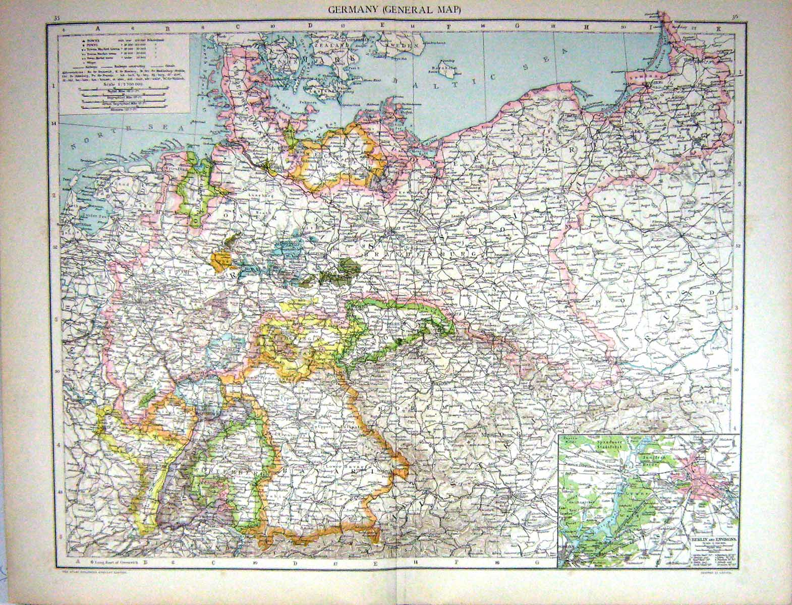 Antique Old Print Map C1893 Germany Westphalia Frankfurt Berlin Cracow Posen
