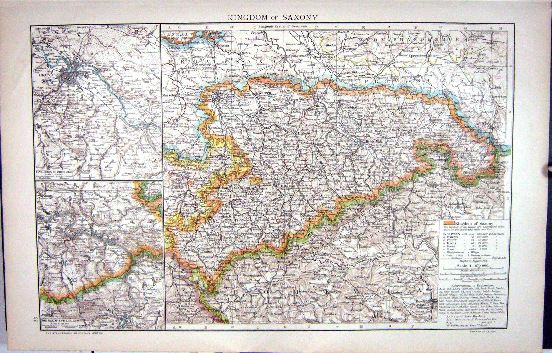Antique Print Map C1893 Kingdom Saxony Dresden Switzerland Leipzig Chemnitz