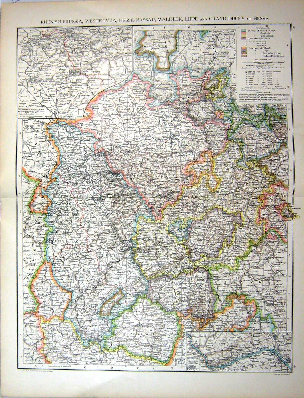 Old Map C1893 Rhenish Prussia Hesse-Nassau Waldeck Lippe Grandy-Duchy Victorian