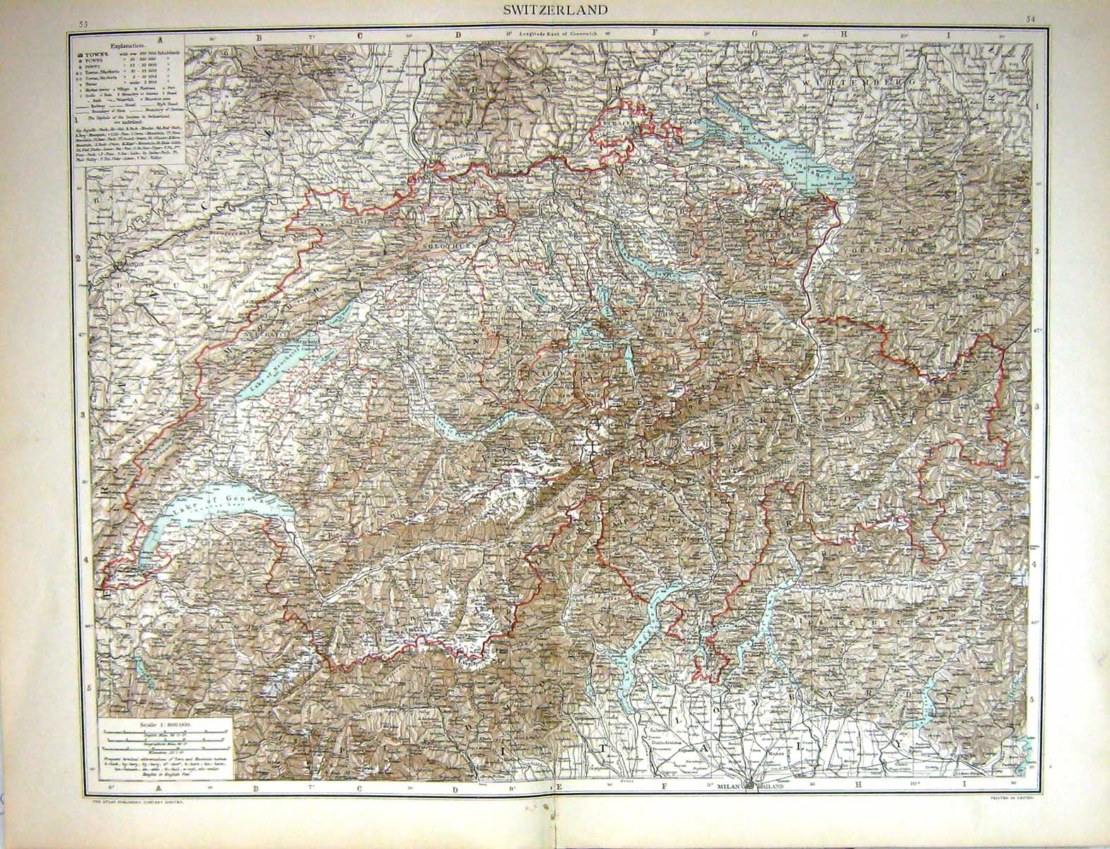 Old Antique Print Map C1893 Switzerland Lake Geneva Mulhausen Zurich Como 19th