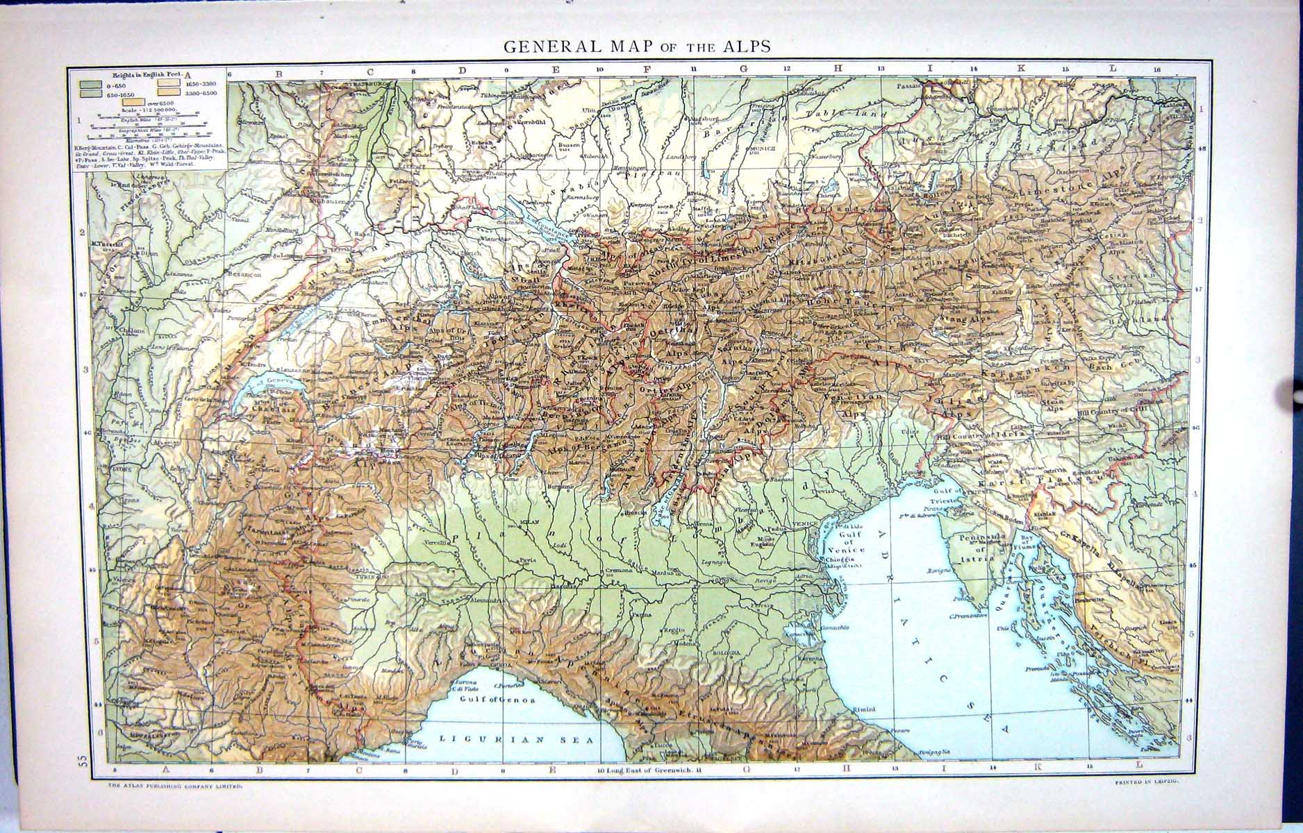 Antique Old Print Map C1893 Mountains Alps Gulf Genoa Milan Geneva Bernese 19th