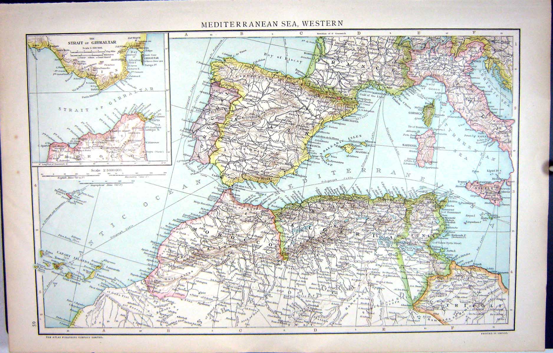 Antique Print Map C1893 Mediterranean France Spain Sardinia Sicily Corsica 19th