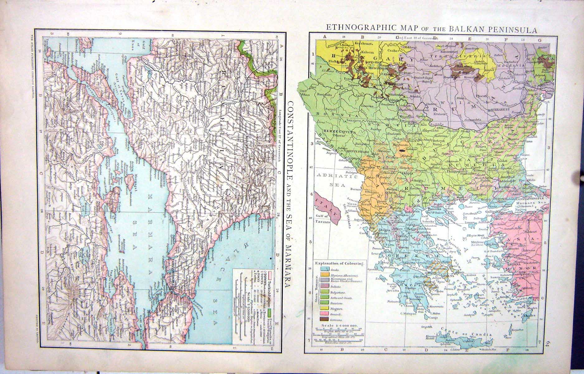 Antique Old Print Map C1893 Ethnographic Balkan Constantinople Marmara Sea 19th