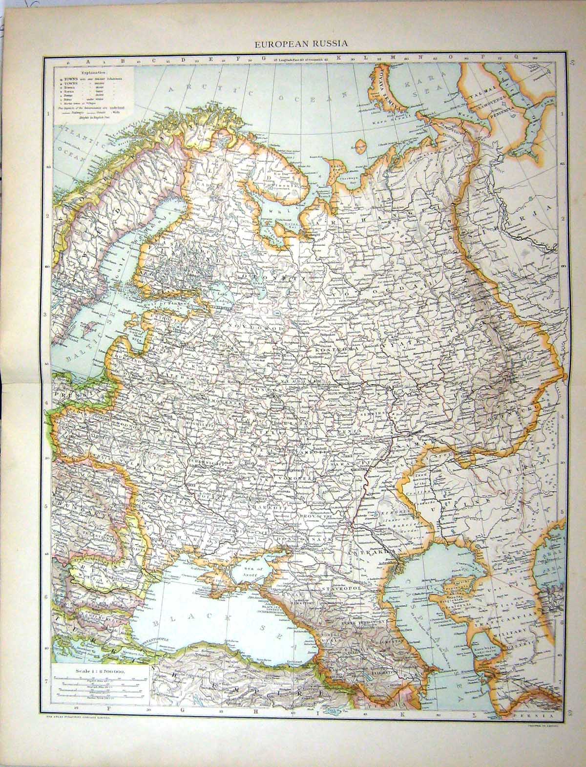 Antique Old Print Map C1893 European Russia Sea Azoff Kosroma Baltic Saratoff