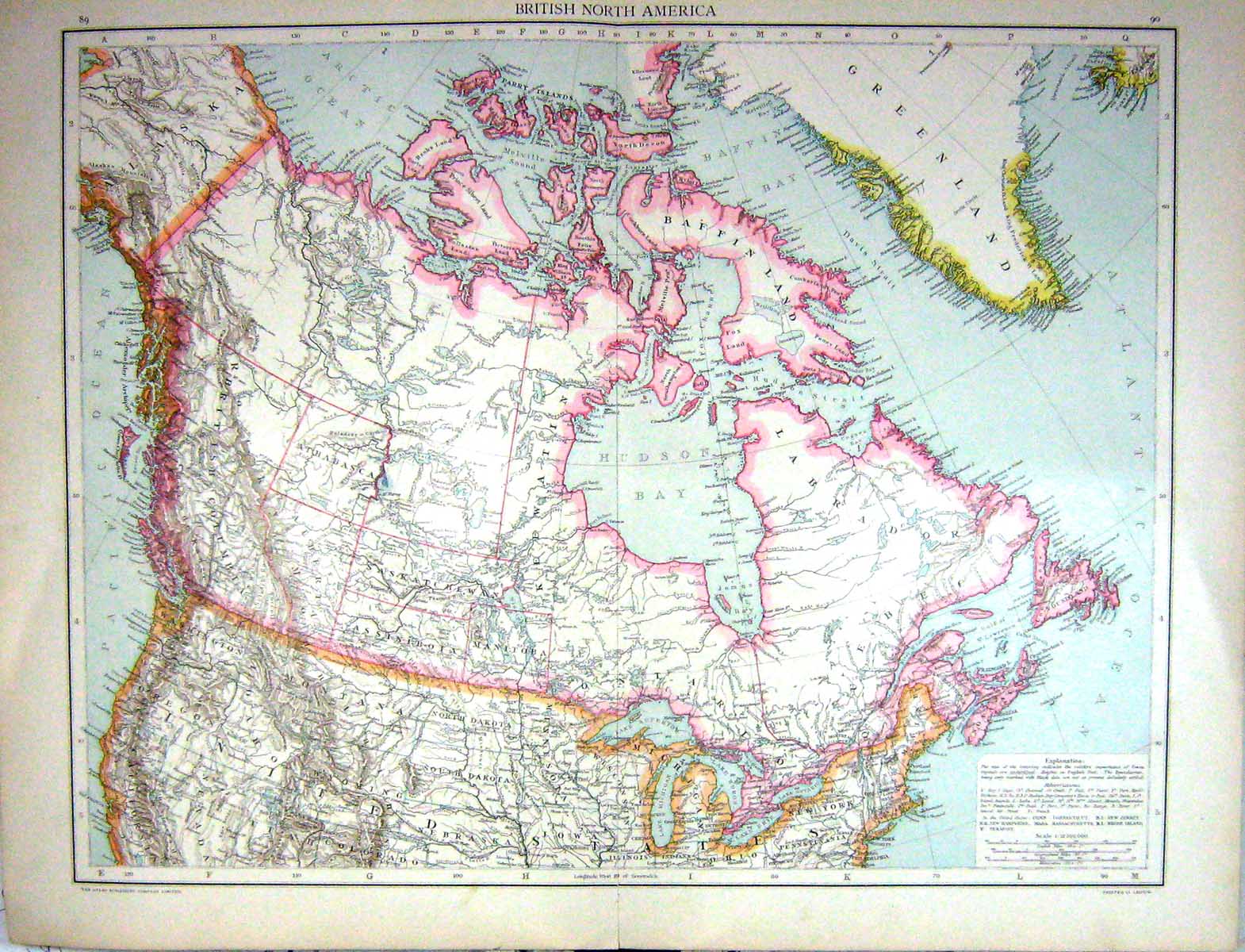 Antique Old Print Map C1893 British North America Montana Labrador Athabasca