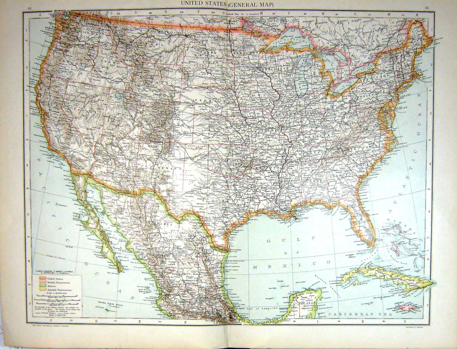 Antique Old Print Map C1893 America Florida California Cuba Jamaica Arizona