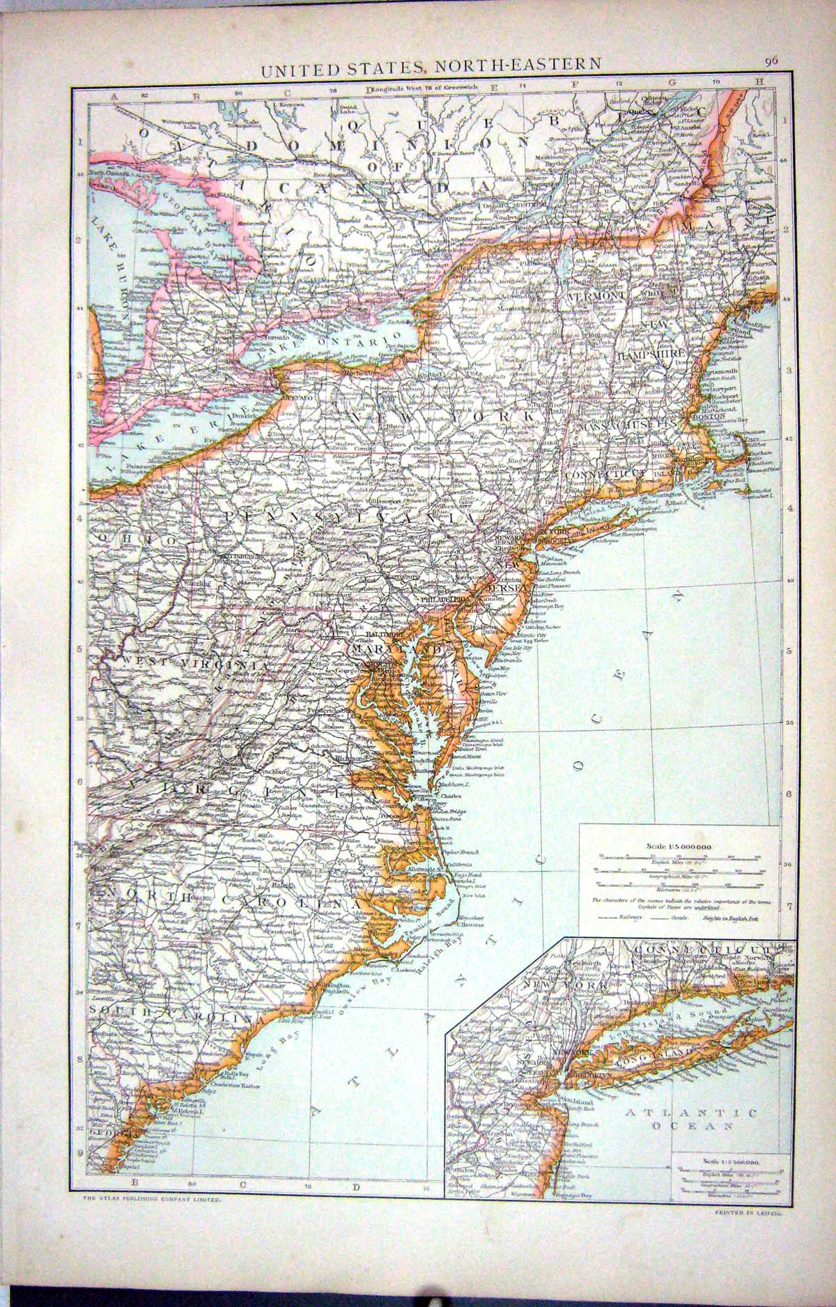 Antique Print Map C1893 North-Eastern America Long Island New York Maryland