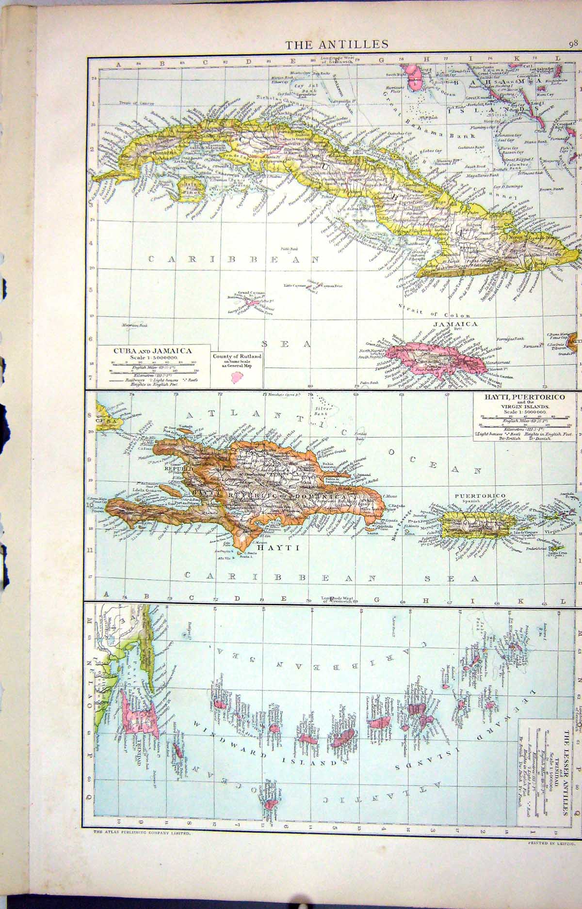 Old Map C1893 Antilles Jamaica Hayti Puerto Rico Windward Cuba Trinid Victorian