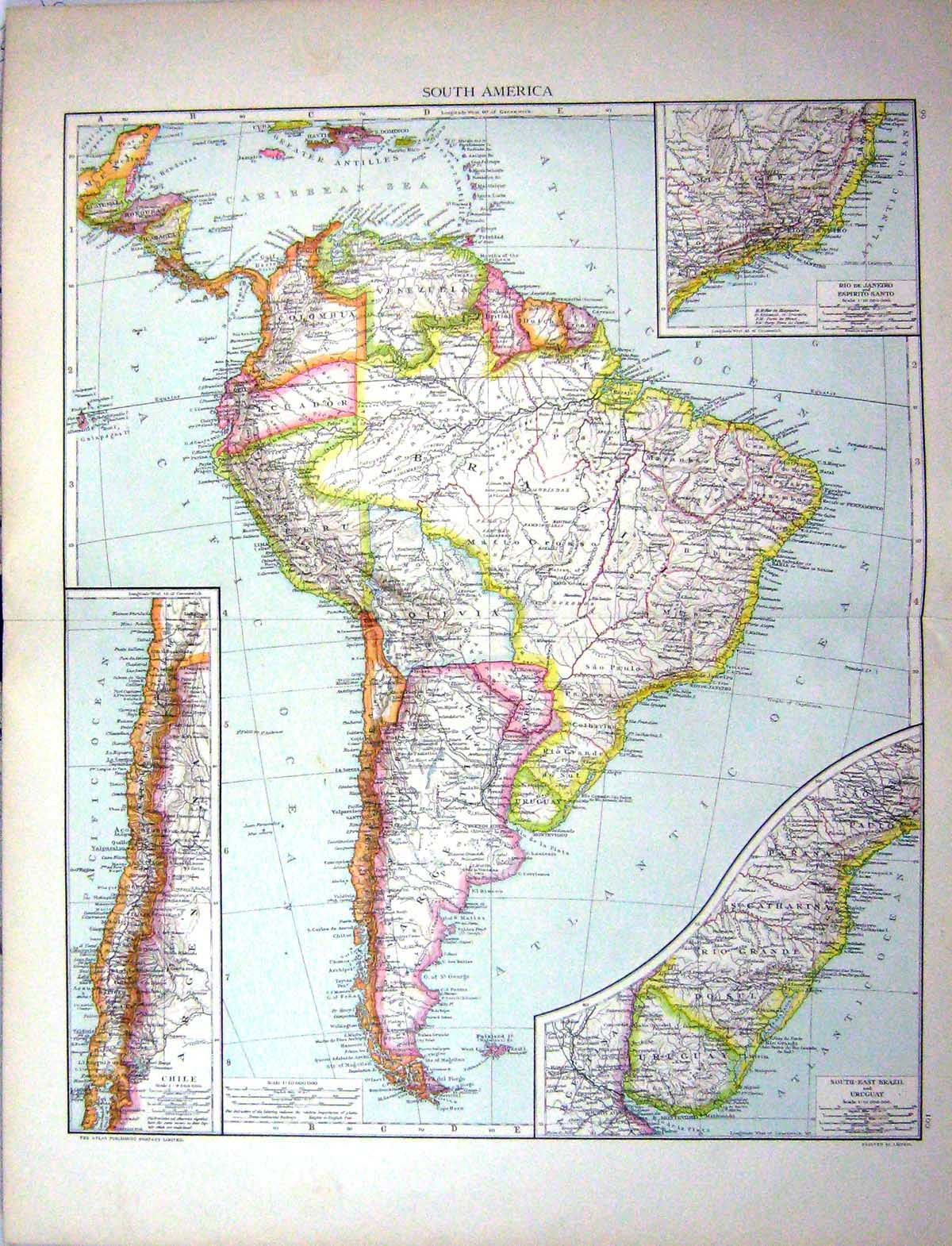 Antique Old Print Map C1893 South America Rion Janeiro Uruguay Falkland Chile