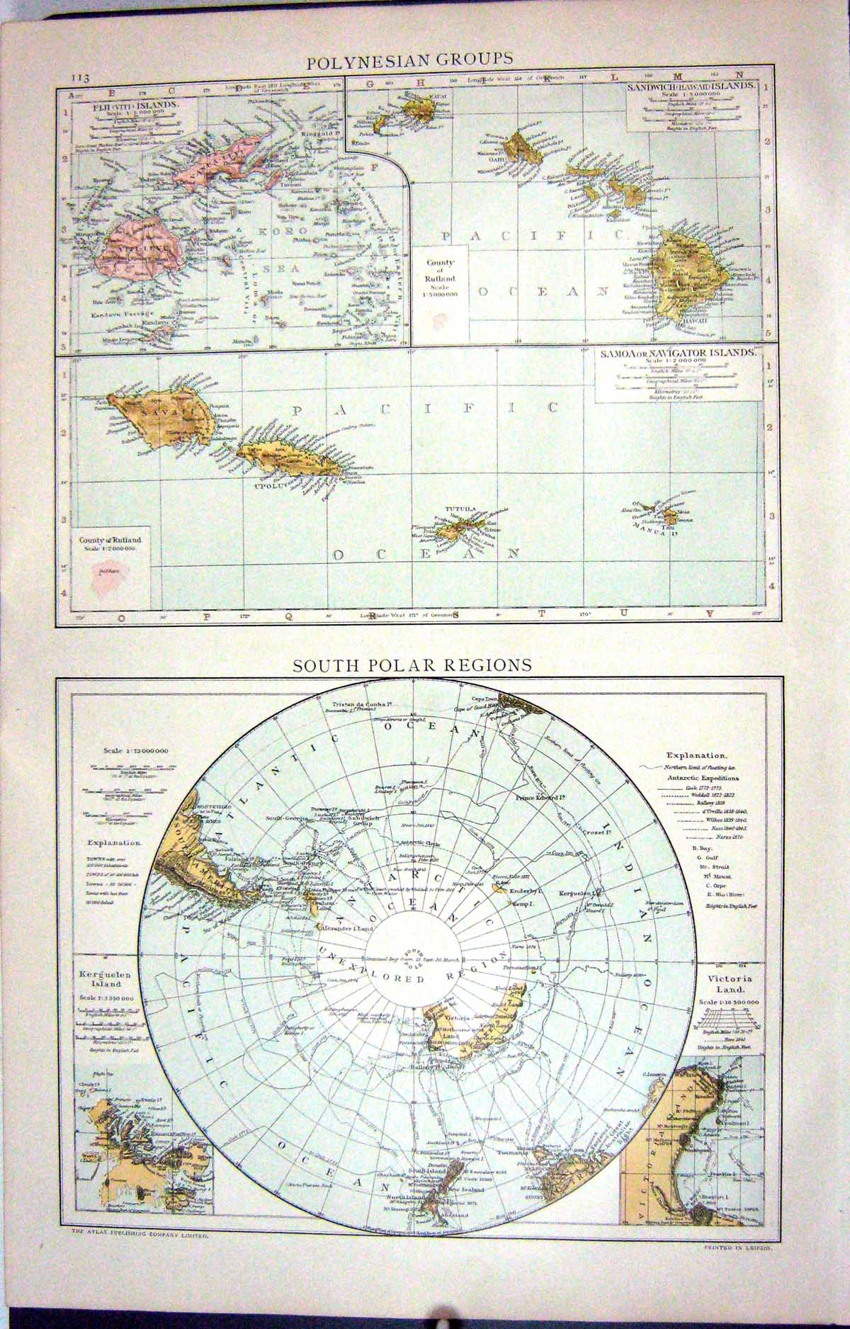 Antique Old Print Map C1893 South Polar Regions Polynesia Samoa Sandwich Fiji