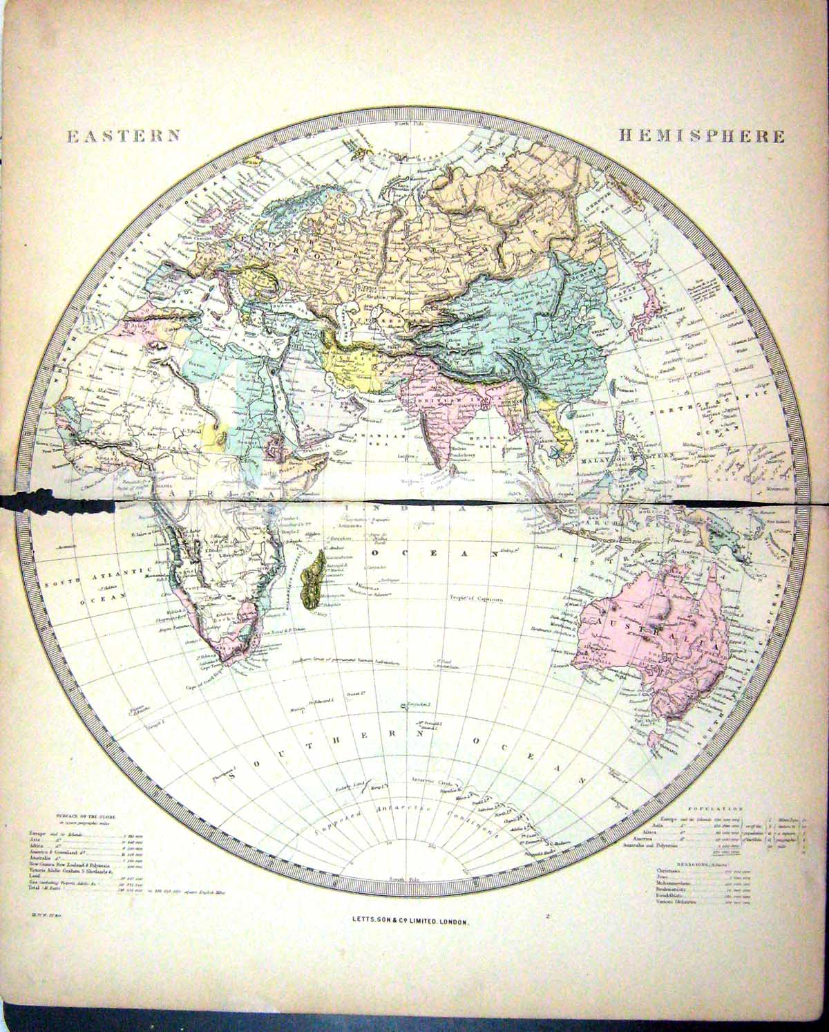 Antique Print Eastern Hemisphere Harrow Map 1880 Europe Africa India China 19th