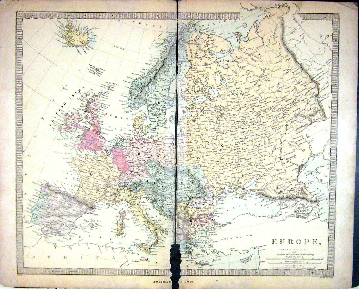Old Print Harrow Map 1880 Europe Britain France Russia Italy Spain Turkey 19th