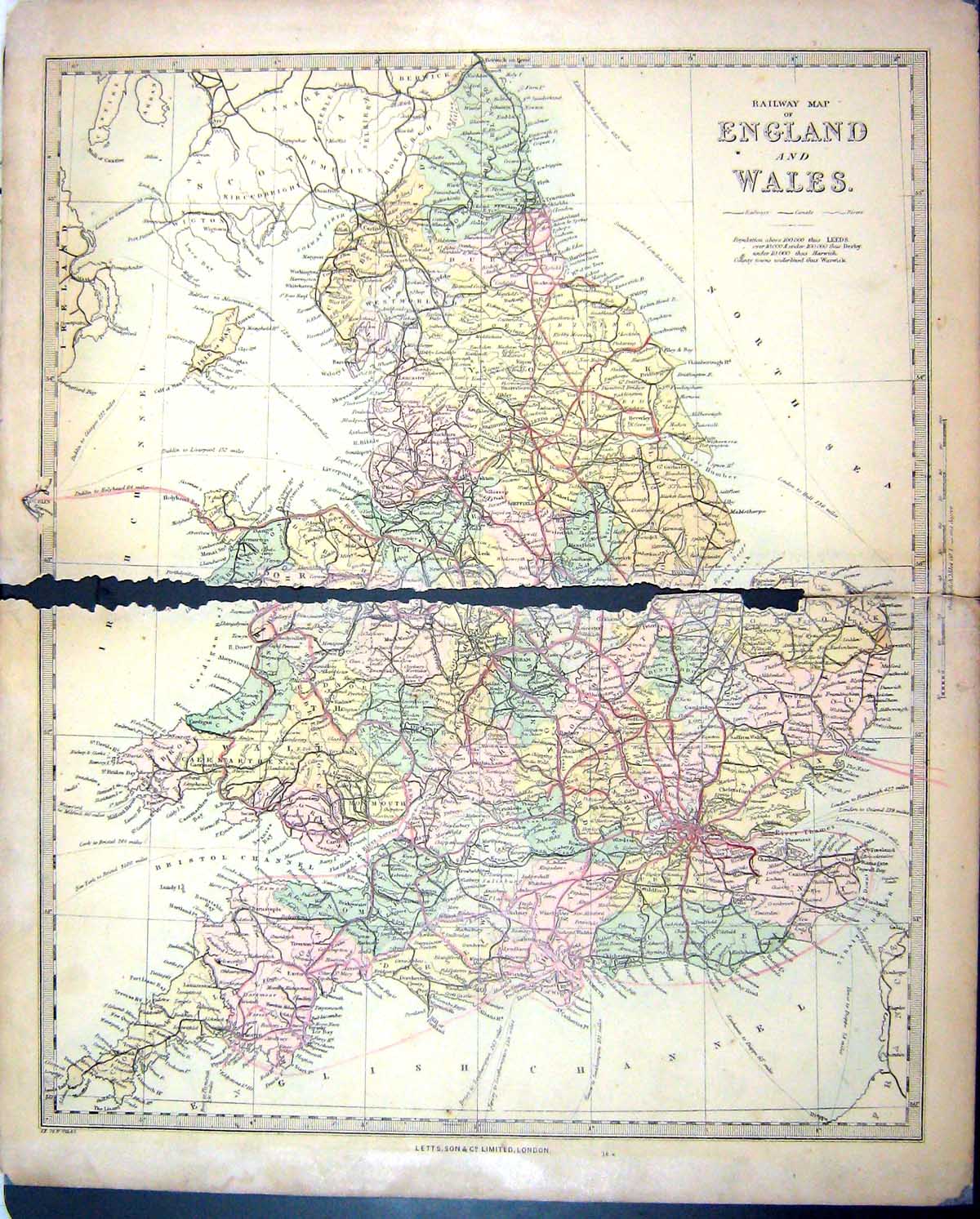 Original Old Antique Print Harrow Map 1880 England Wales Isle Man Railway Plan