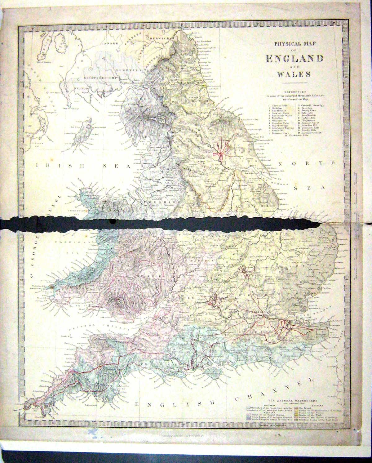 Original Old Antique Print Harrow Physical Map England Wales Isle Man 1880 19th