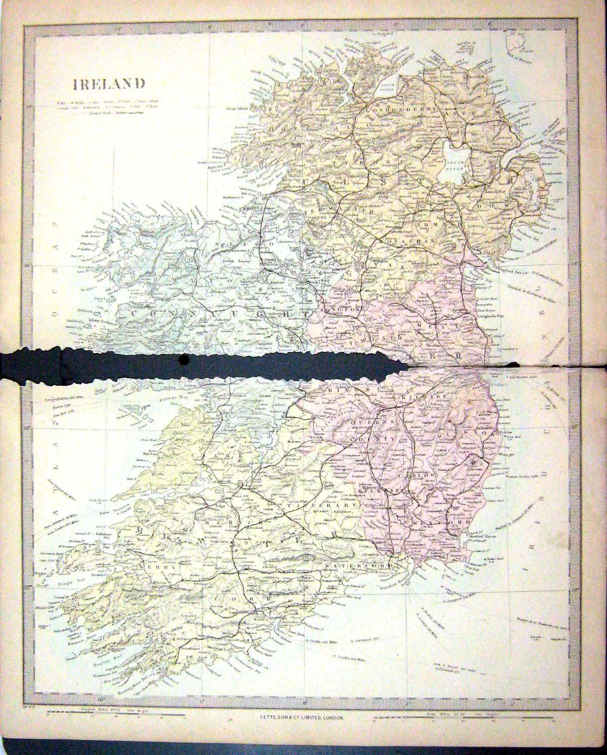 Old Print Harrow Map 1880 Ireland Ulster Munster Waterford Dublin Belfast 19th