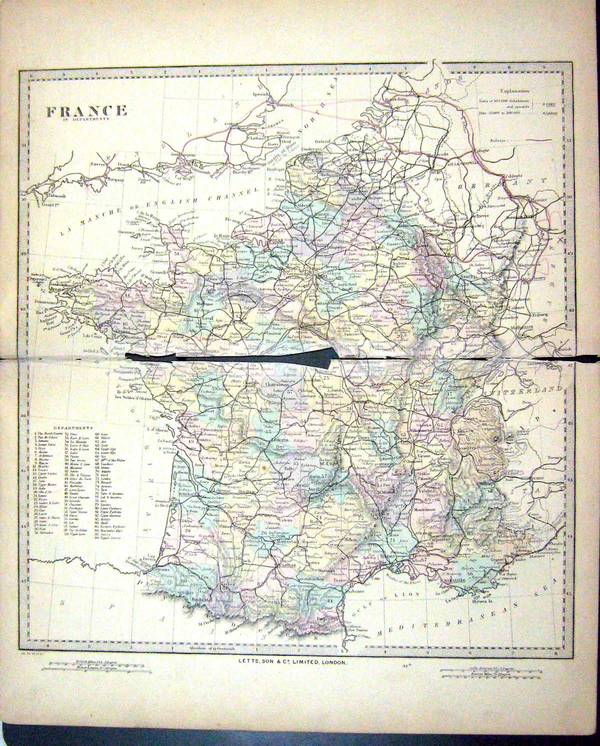Antique Print Harrow Map 1880 Departments France Bay Biscay Channel Islands