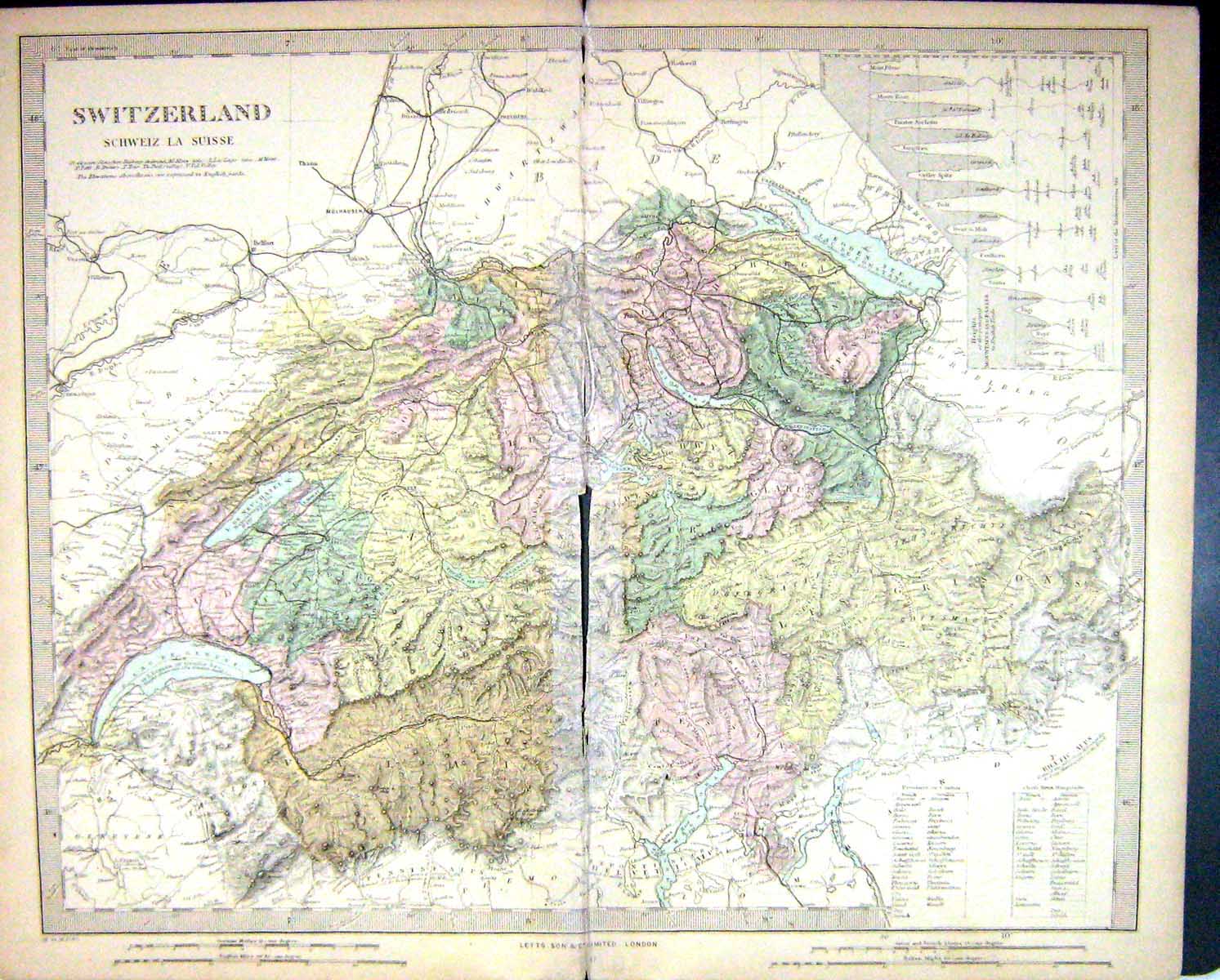 Old Antique Print Harrow Map 1880 Switzerland Lake Geneva Schweiz Suisse 19th