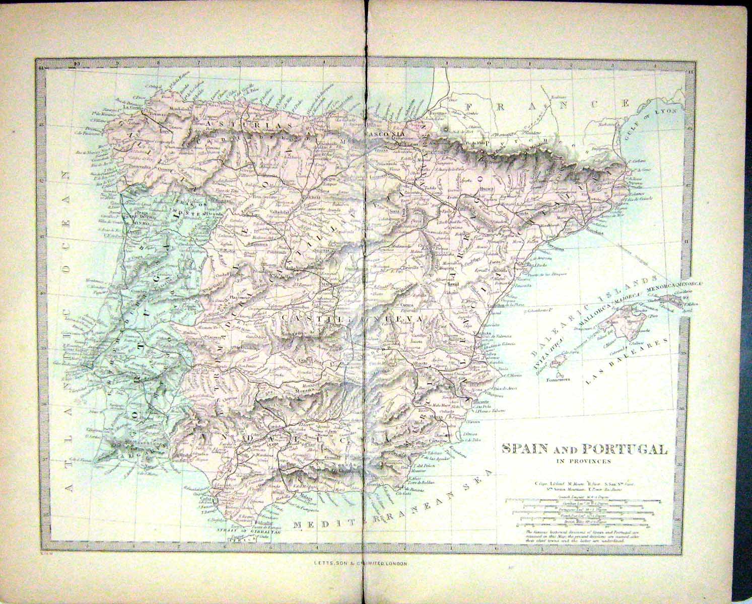 Original Old Antique Print Harrow Map 1880 Spain Portugal Ibiza Majorca Minorca