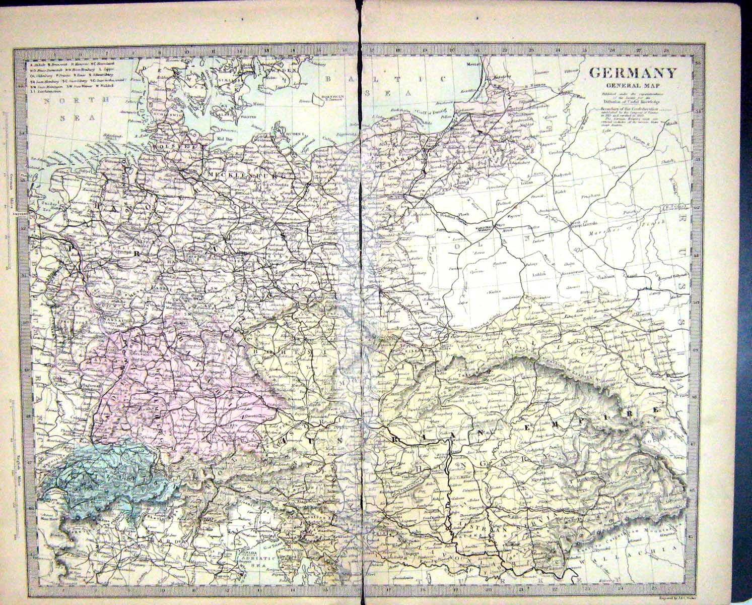 Original Old Antique Print Harrow Map 1880 Germany Switzerland Austria Prussia