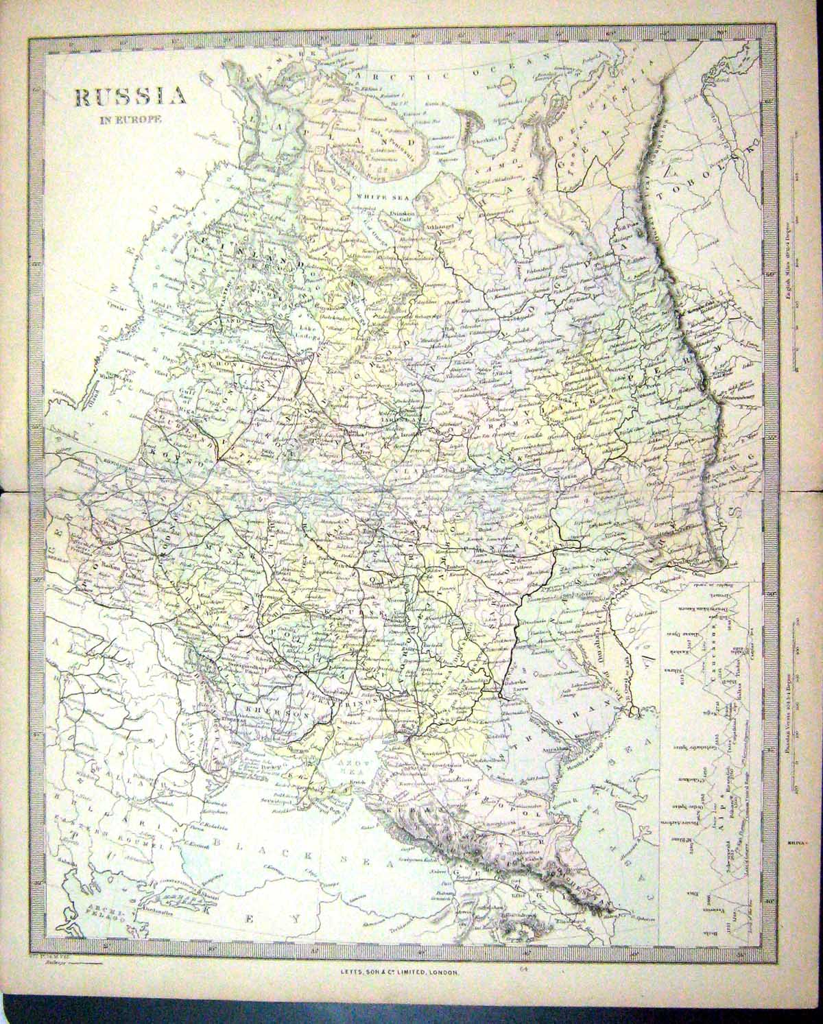 Old Antique Print Harrow Map 1880 Russia Europe Kherson Astrakhan Poltava 19th