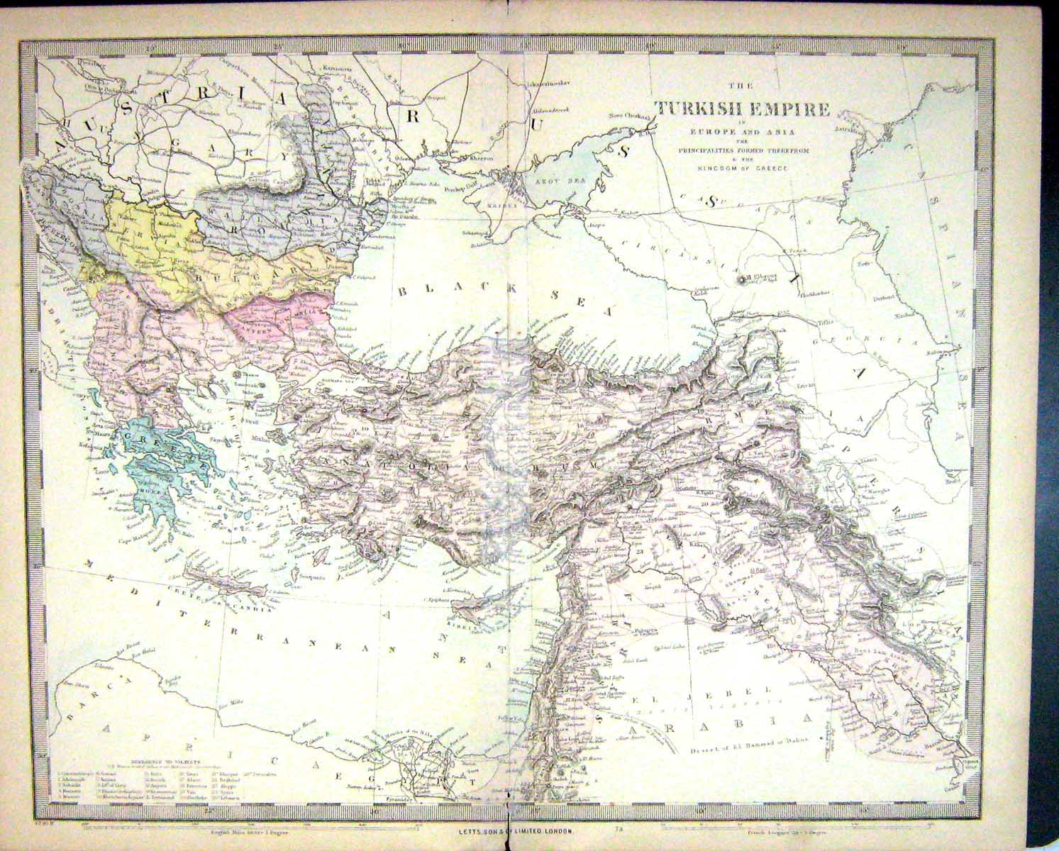 Antique Print Harrow Map 1880 Turkish Empire Crete Cyprus Black Sea Greece 19th